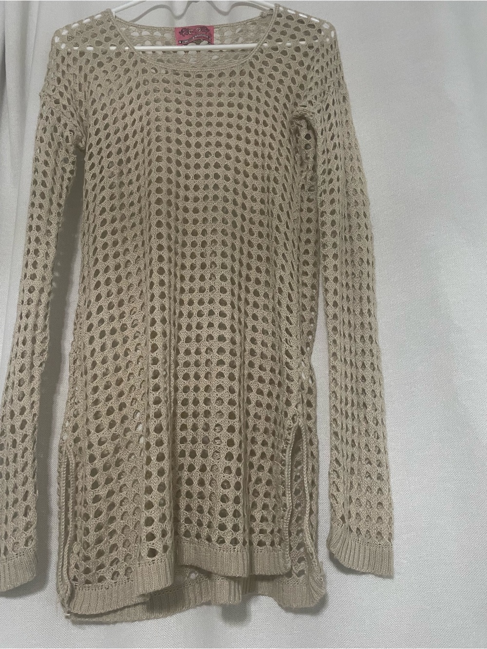 Beige Open-Knit Women's Swim Coverup with Long Sleeves